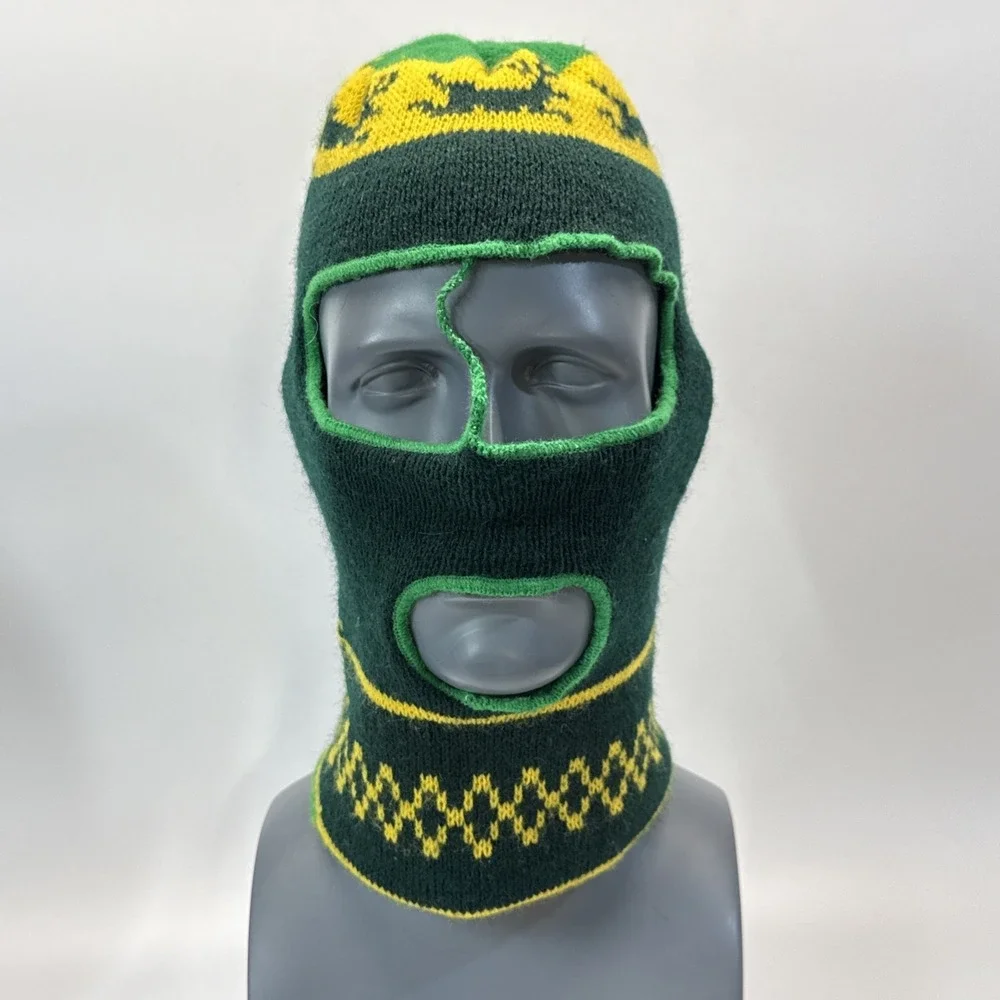 Vintage Face Mask Balaclava Green Patterned Knit Winter Hunting Deer Mask 3 Hole